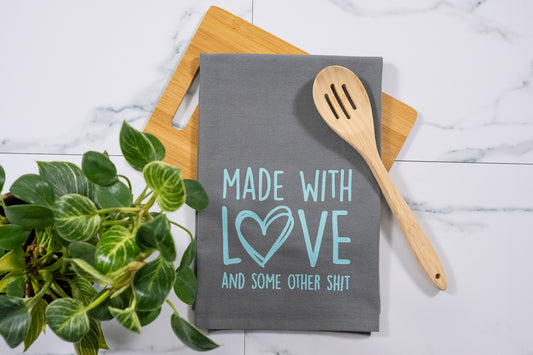 Made With Love & Some Other Shit Gray Towel with Electric Mint Ink