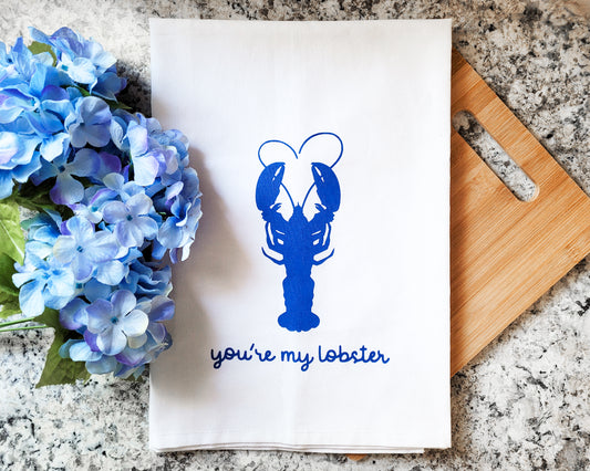 You're My Lobster, White Cotton Towel with Blue Ink