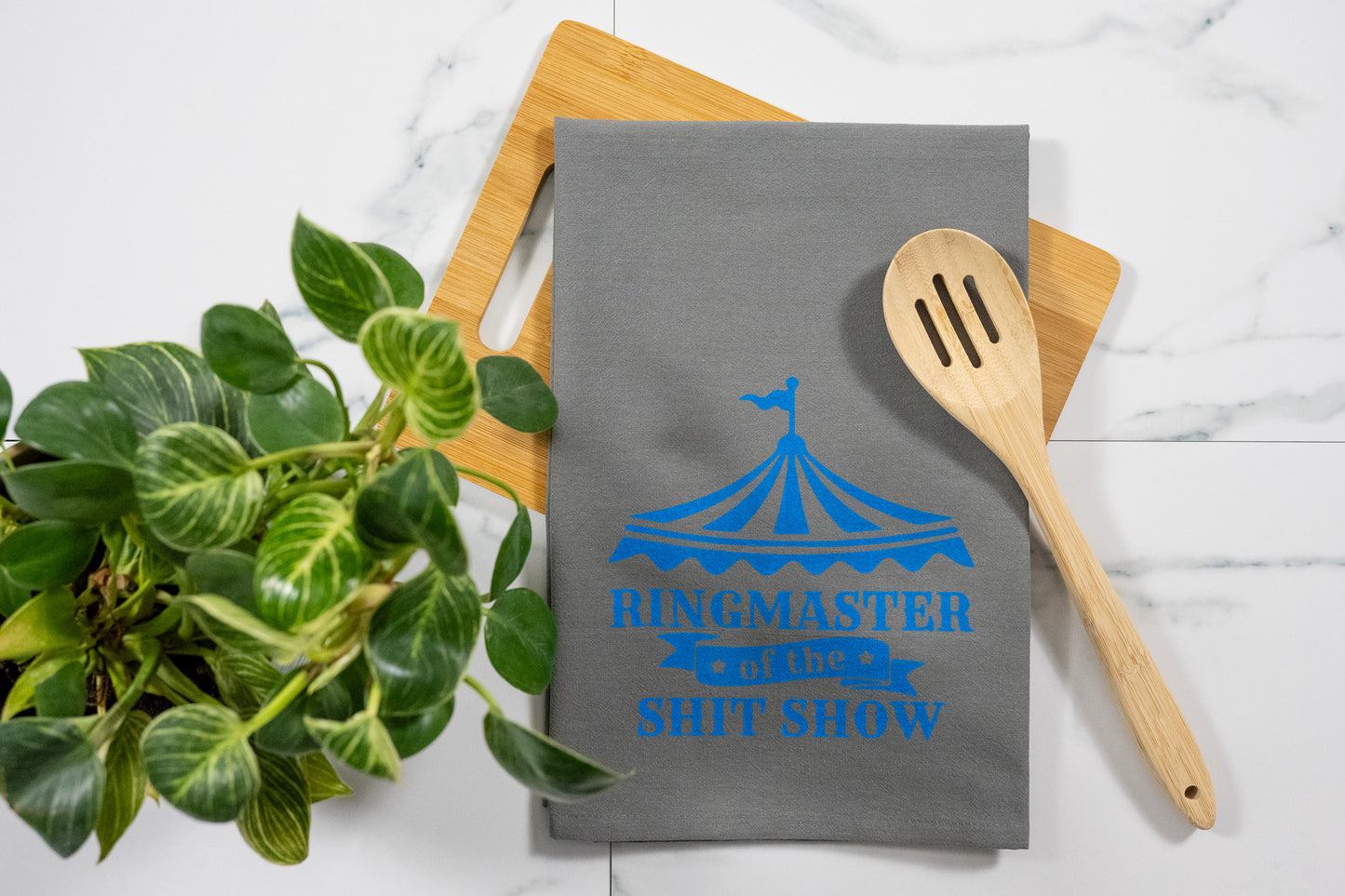 Ringmaster of the Shit Show Gray Towel with Electric Blue Ink