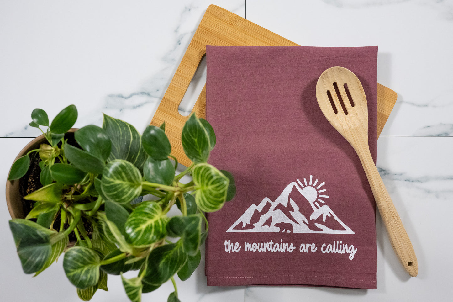 The Mountains Are calling Wine Tea Towel with White Ink