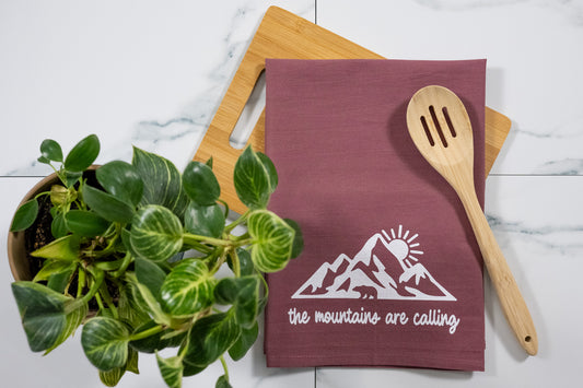 The Mountains Are calling Wine Tea Towel with White Ink