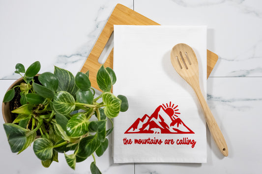 The Mountains Are Calling White Tea Towel with Electric Red Ink
