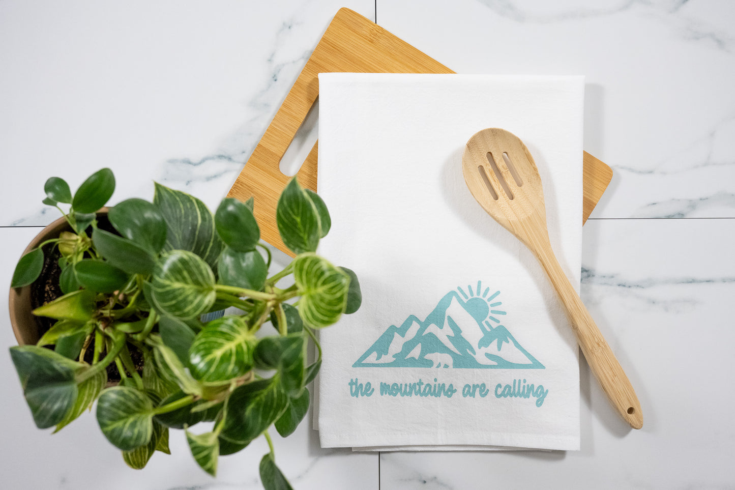 The Mountains Are Calling White Tea Towel with Electric Mint Ink