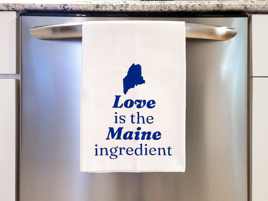 Love is the Maine Ingredient, White Cotton Towel with Blue Ink