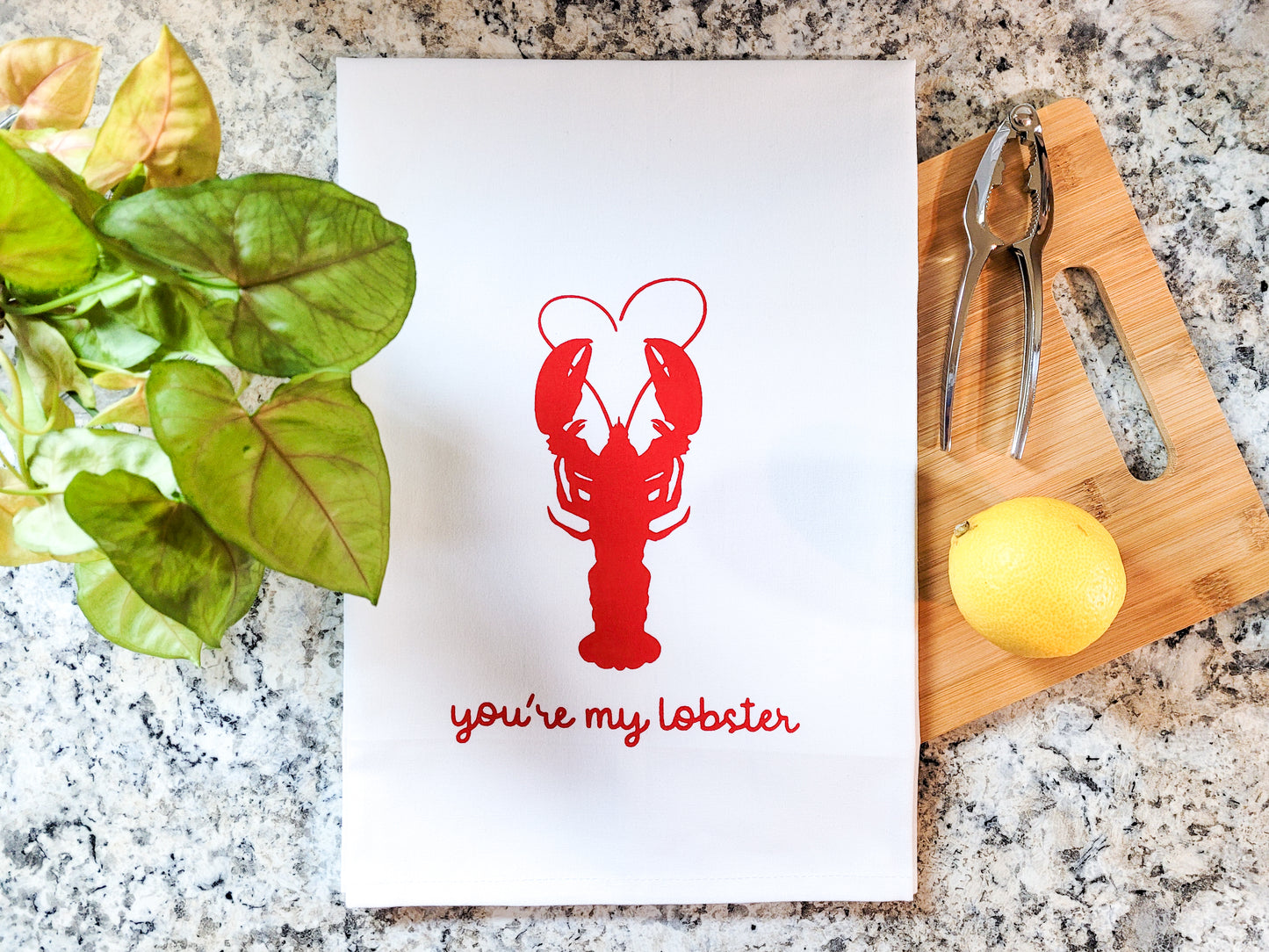 You're My Lobster, White Cotton Towel with Red Ink
