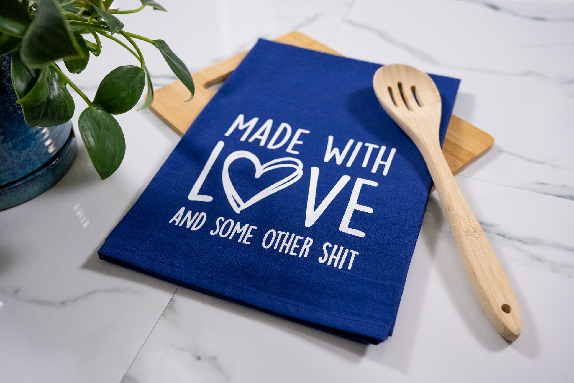 Made With Love & Some Other Shit Blue Towel with Electric White Ink