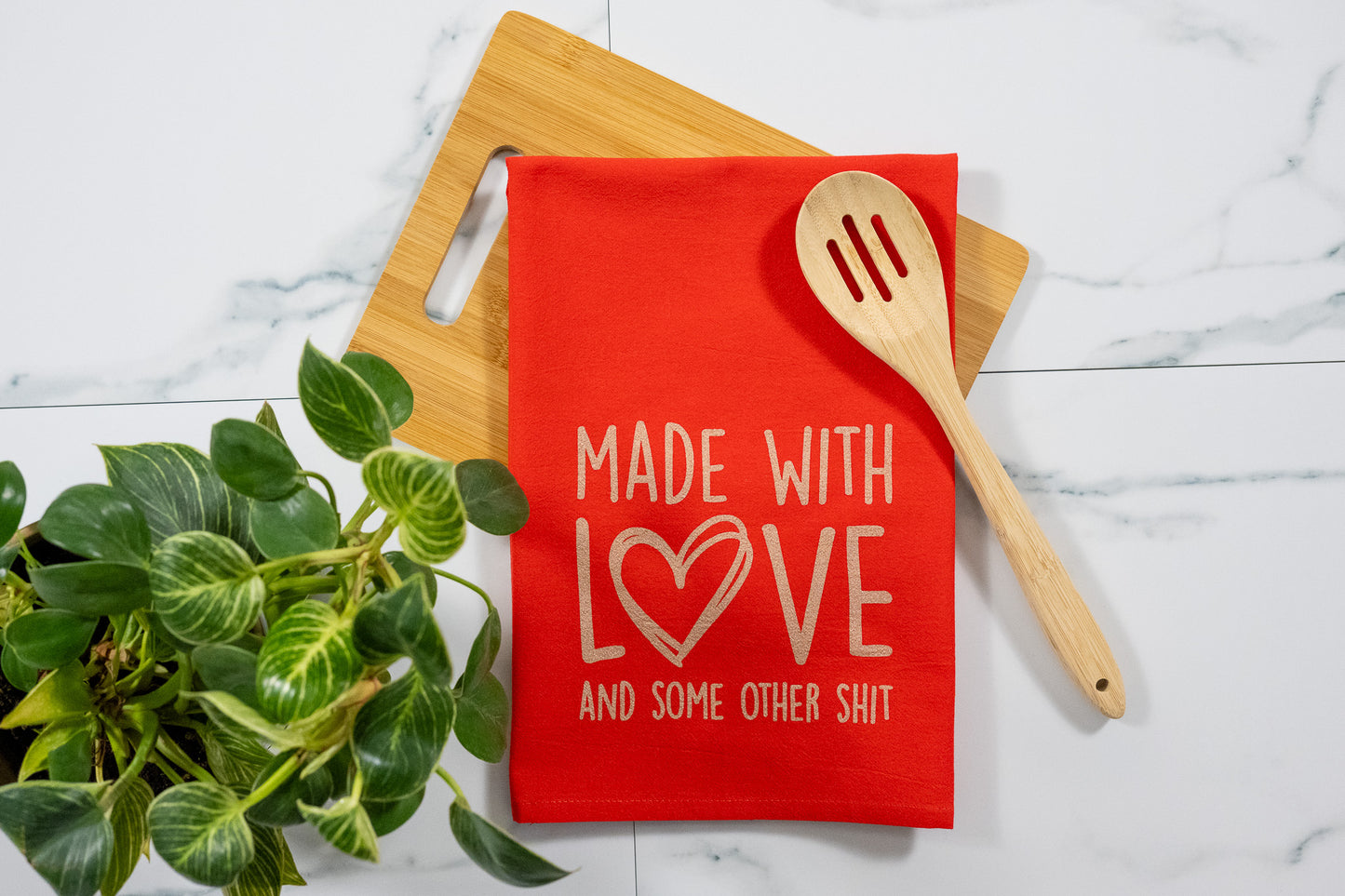 Made With Love & Some Other Shit Red Towel with Electric Rose Gold Ink