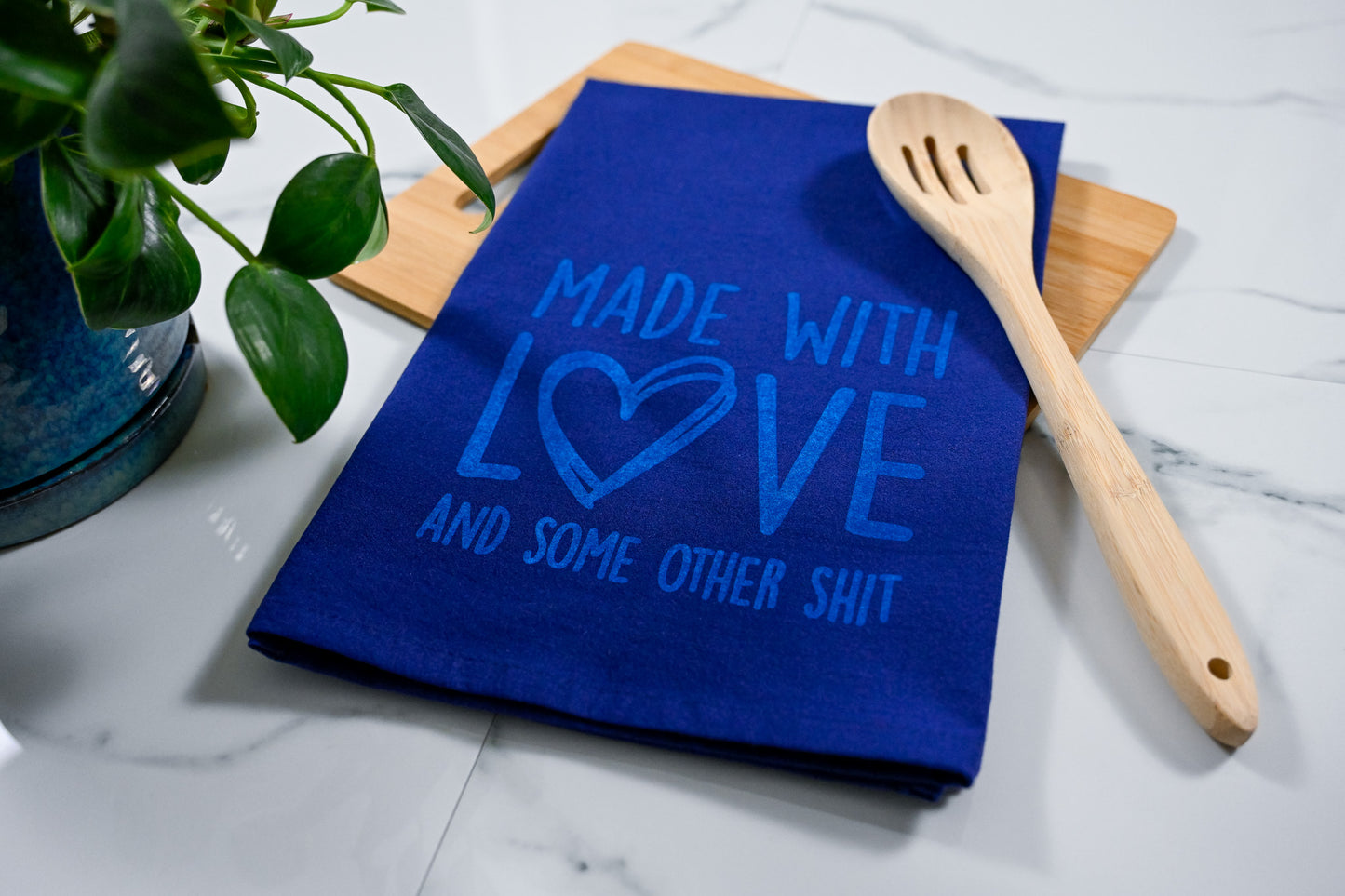 Made With Love & Some Other Shit Blue Towel with Electric Blue Ink