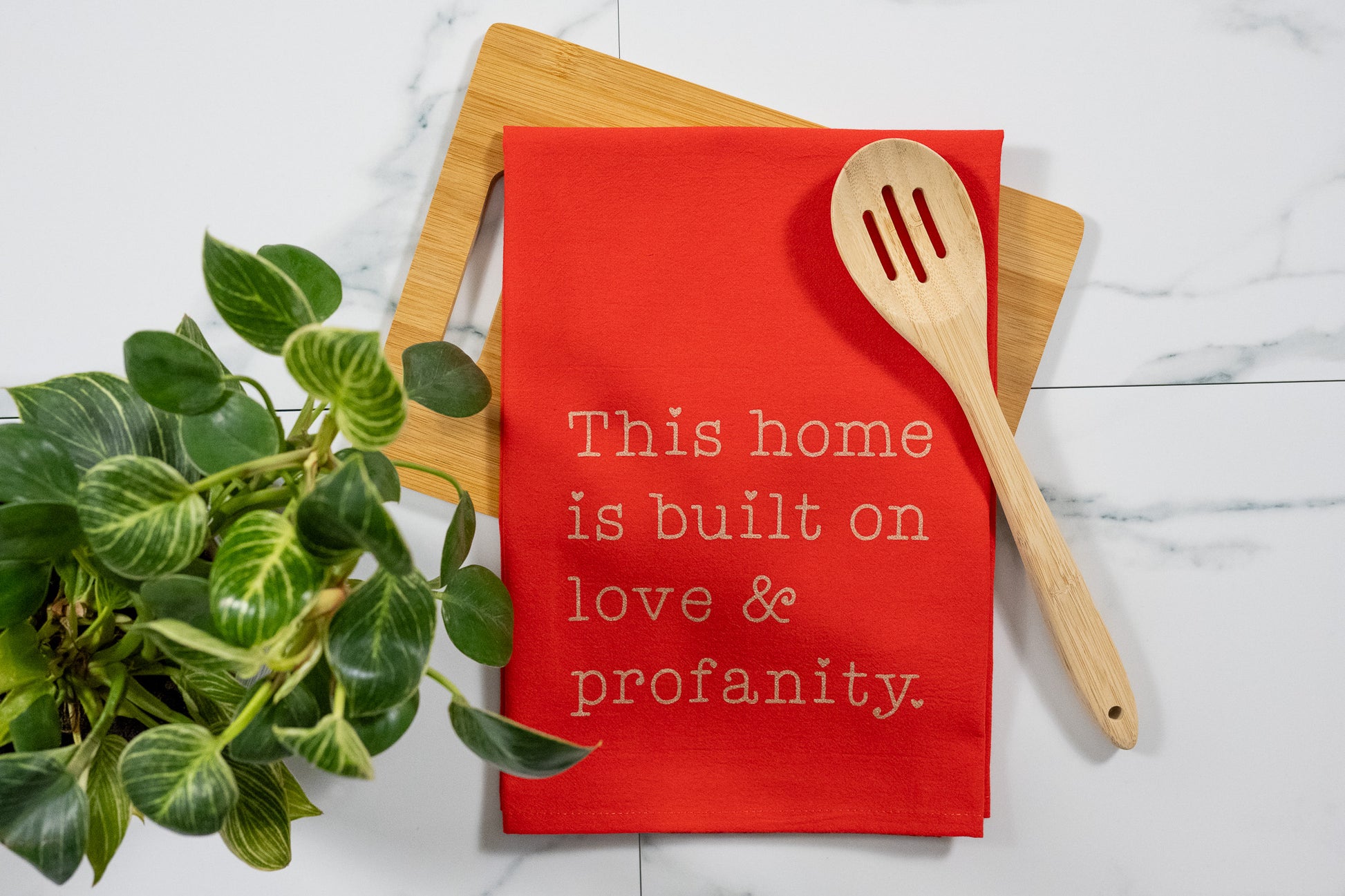 This Home Is Built On Love & Profanity Red Tea Towel with Rose Gold Ink