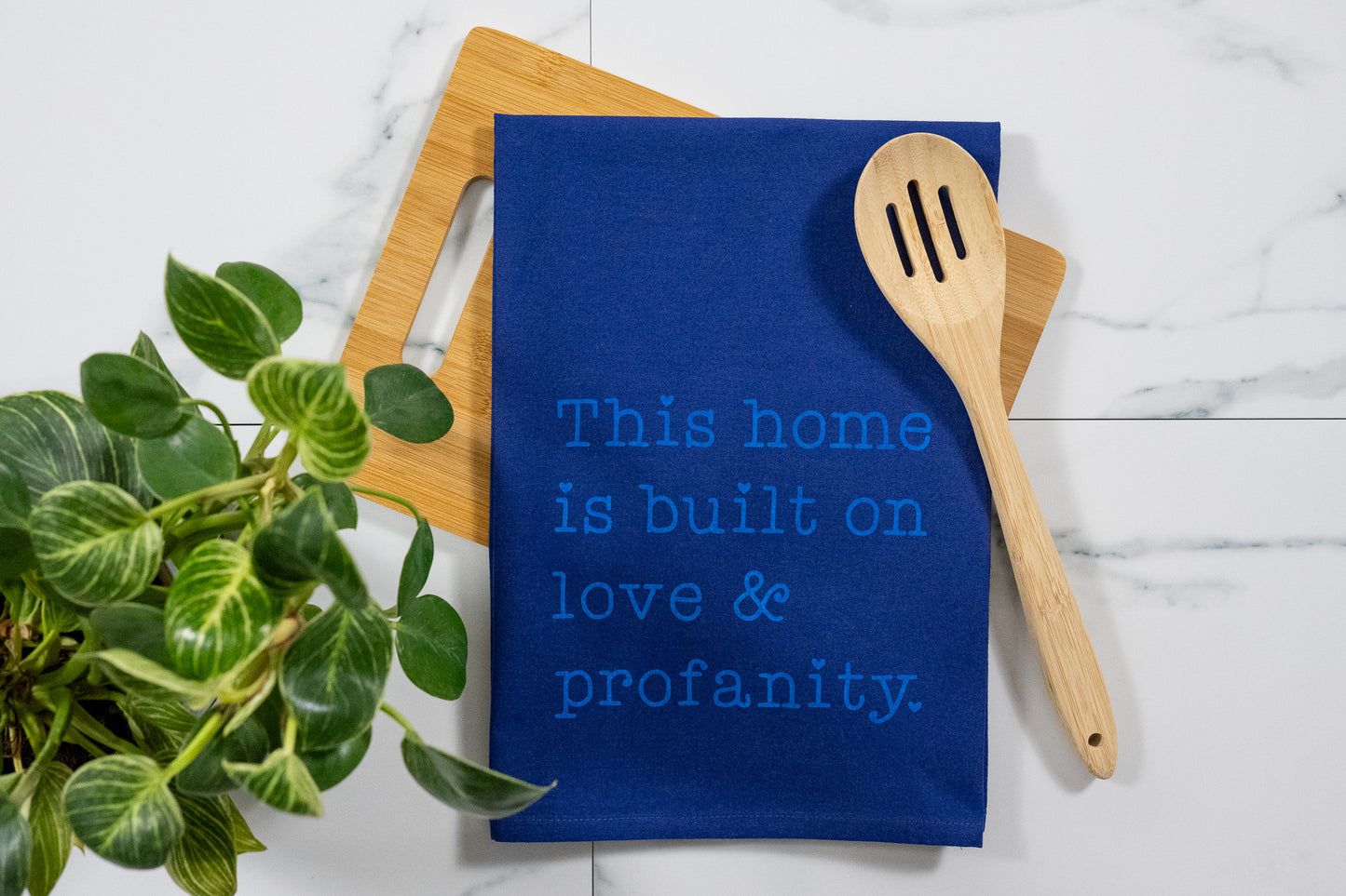 This Home Is Built On Love & Profanity Blue Tea Towel with Electric Blue Ink