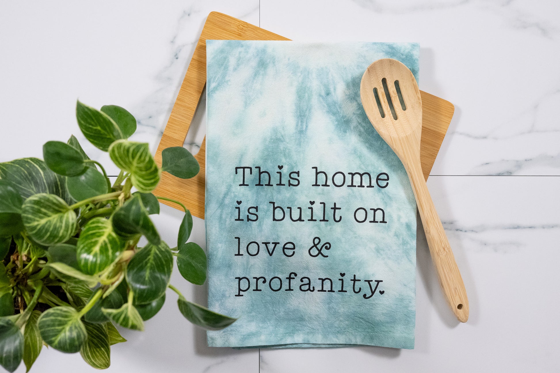 This Home Is Built On Love & Profanity Green Tie-Dye Tea Towel with Black Ink