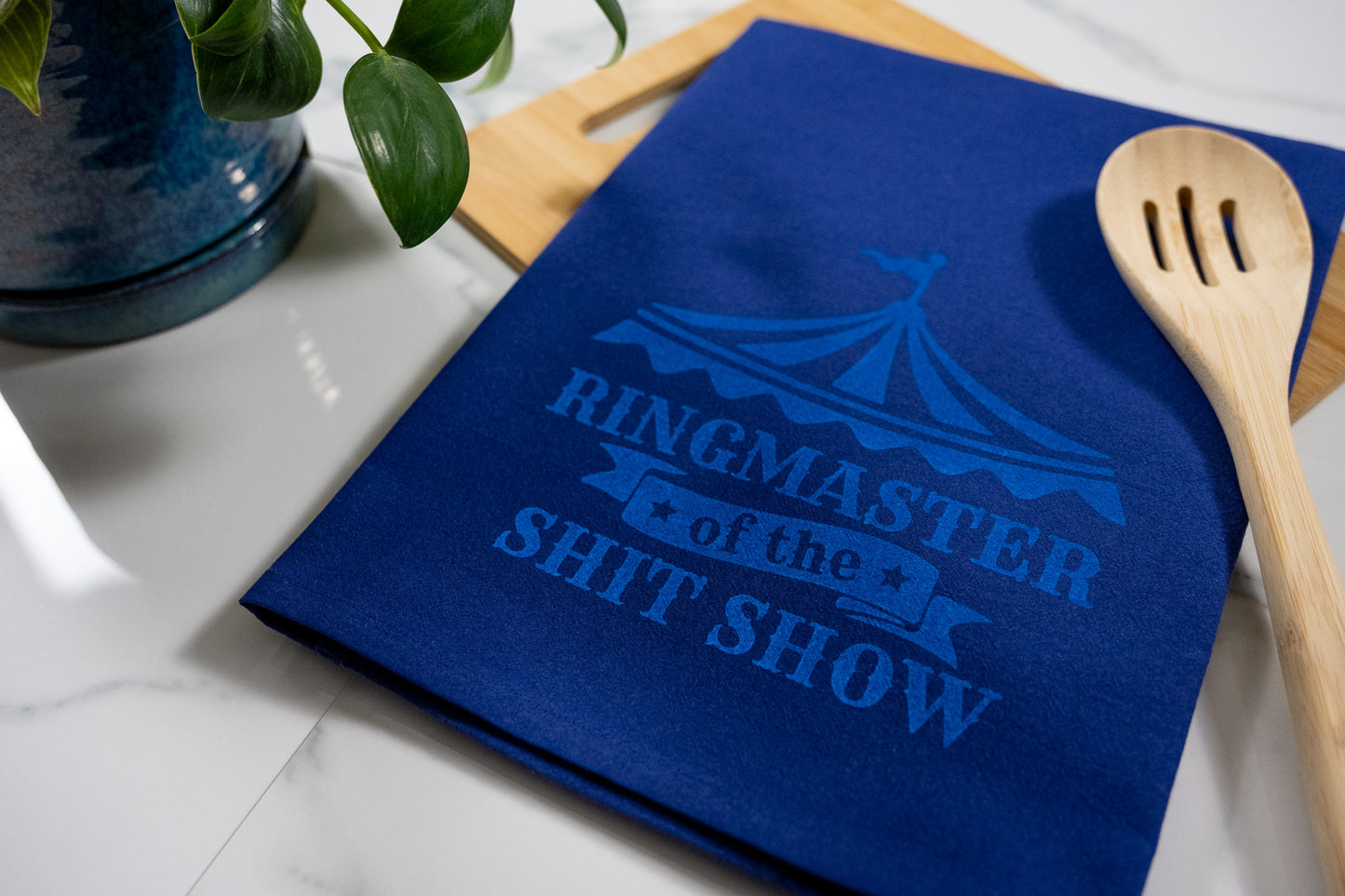 Ringmaster of the Shit Show Blue Towel with Electric Blue Ink