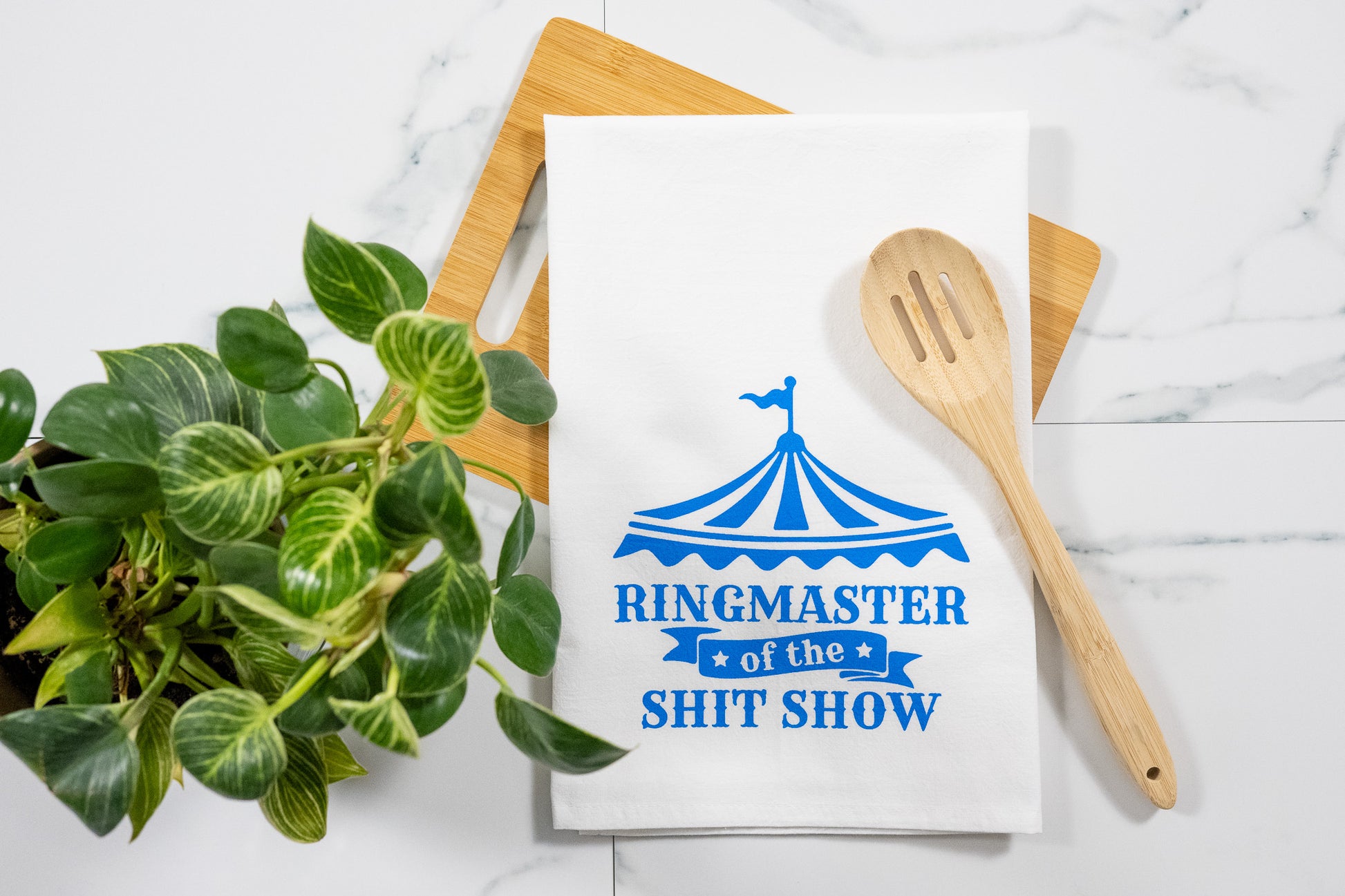 Ringmaster of the Shit Show White Towel with Electric Blue Ink