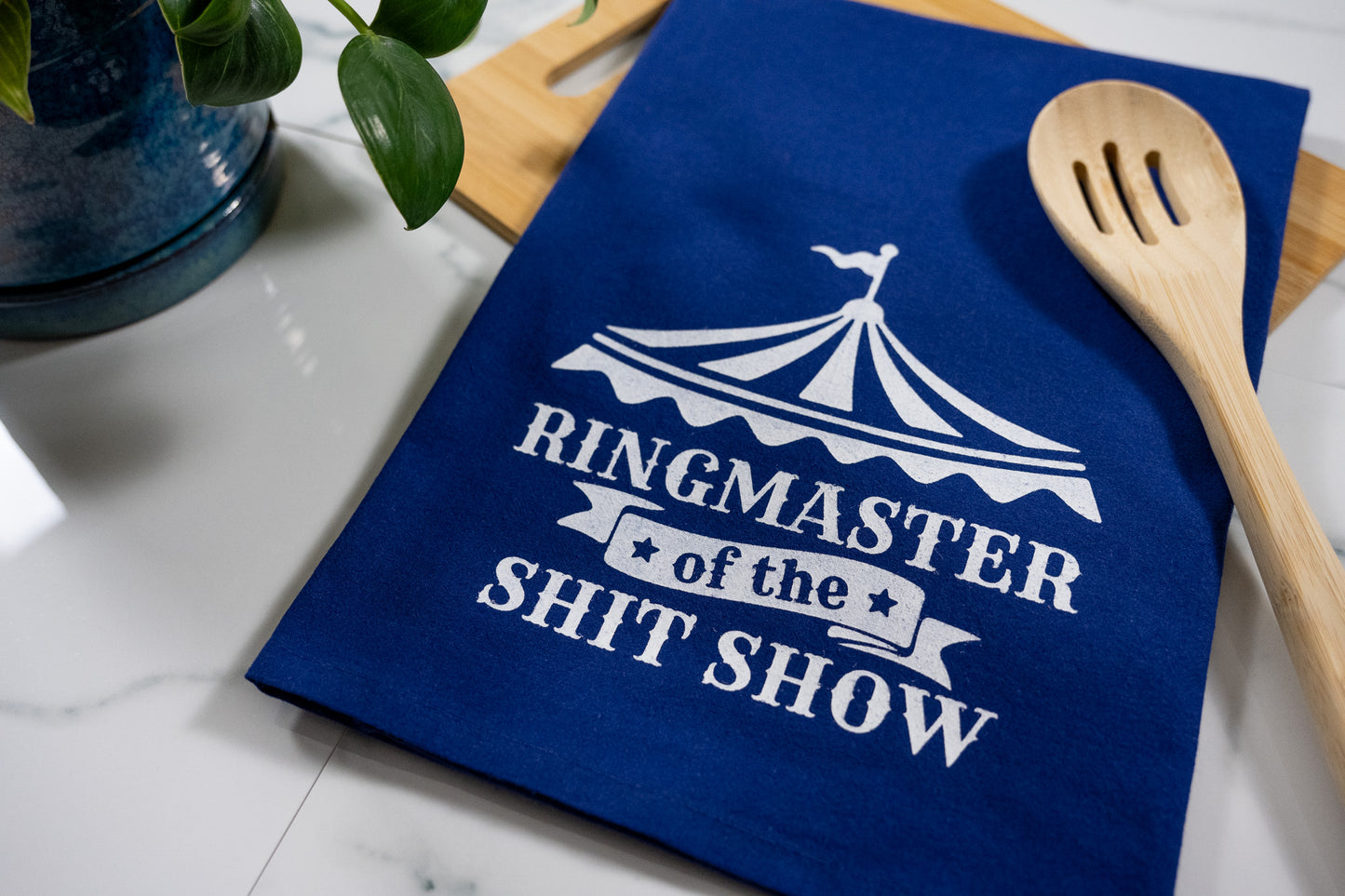 Ringmaster of the Shit Show Blue Towel with White Ink