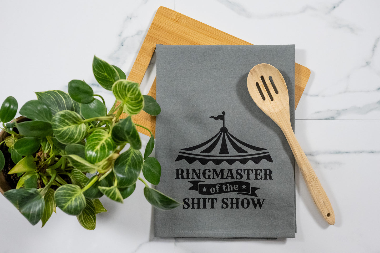 Ringmaster of the Shit Show Gray Towel with Black Ink