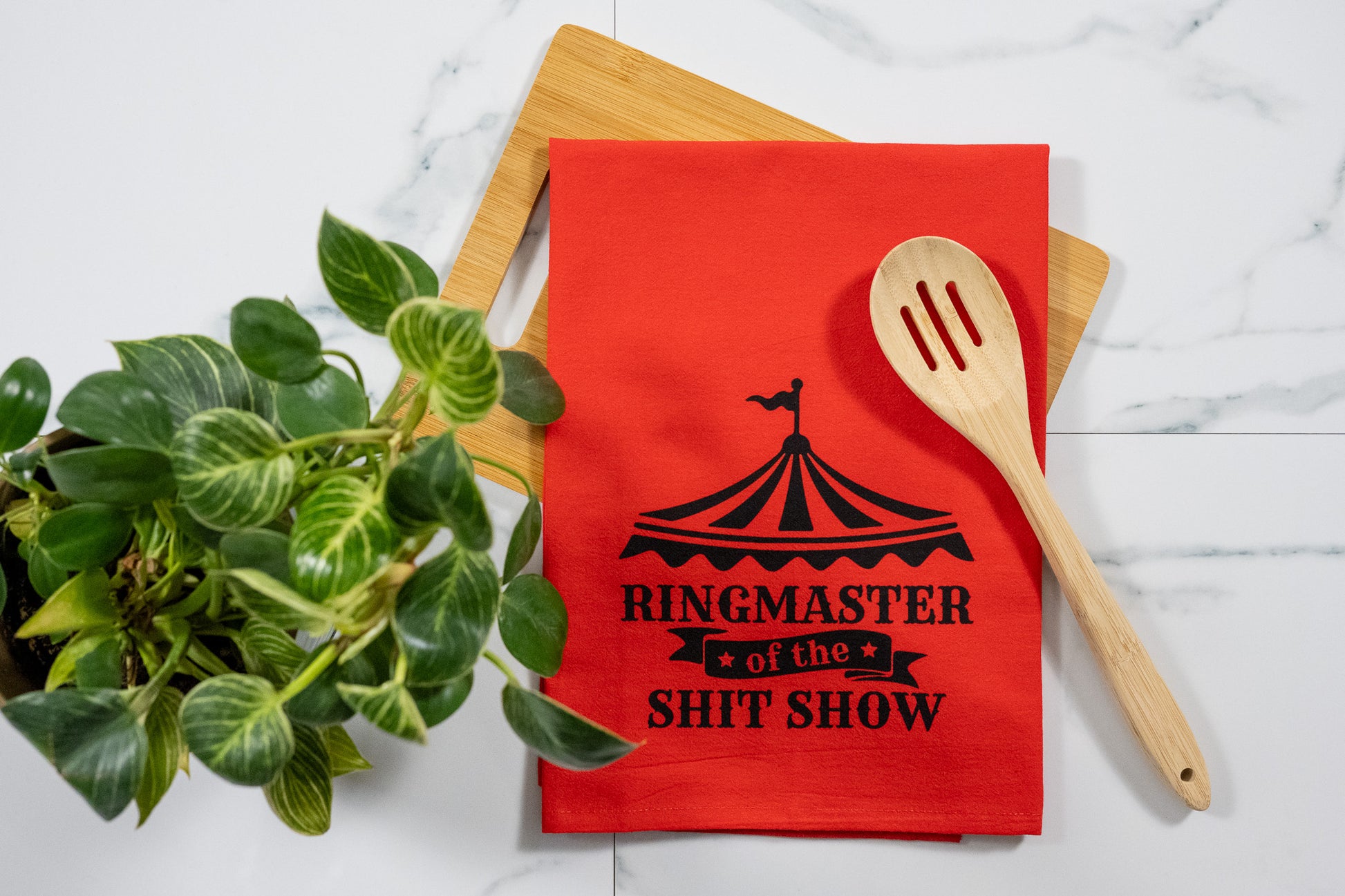 Ringmaster of the Shit Show Red Towel with Black Ink