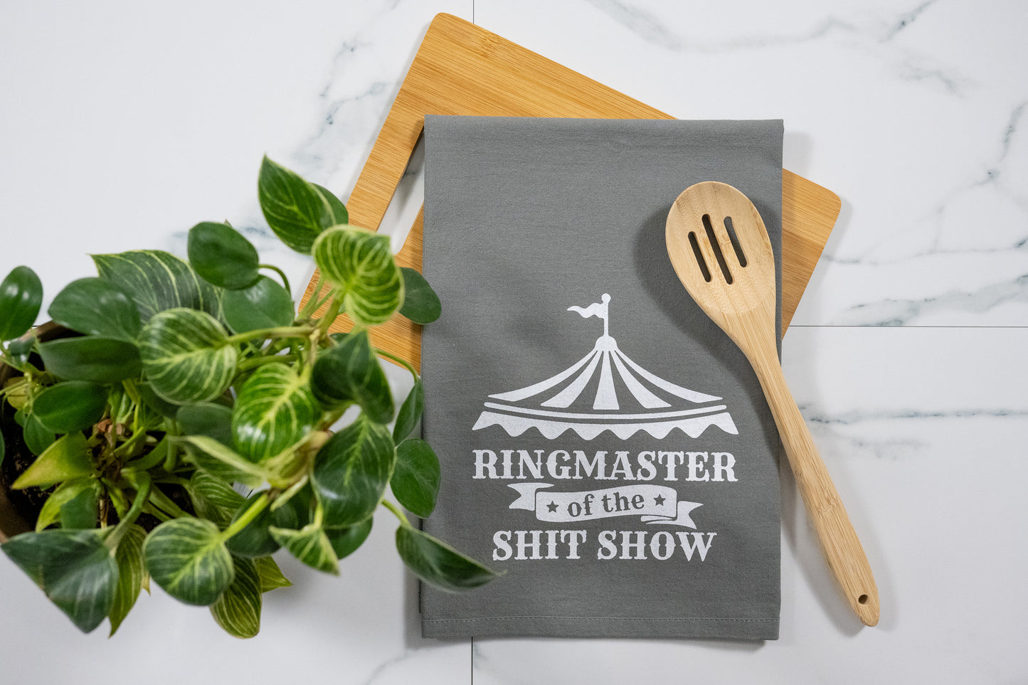 Ringmaster of the Shit Show Gray Towel with White Ink