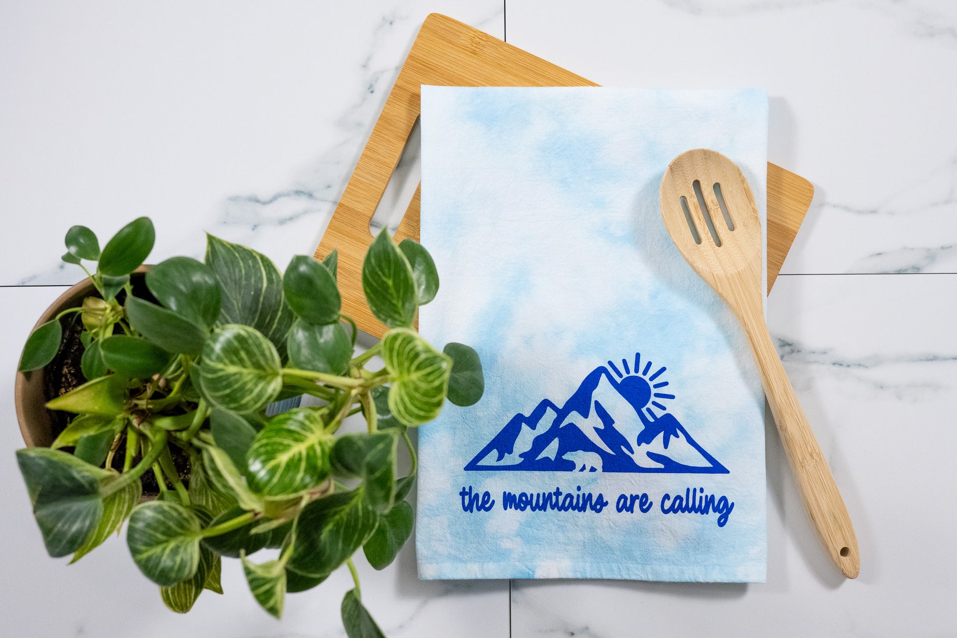 The Mountains Are Calling Blue Tie-Dye Towel with Blue Ink