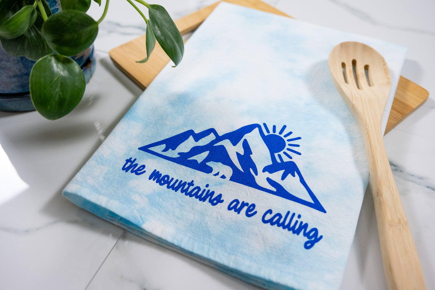 The Mountains Are Calling Blue Tie-Dye Towel with Blue Ink