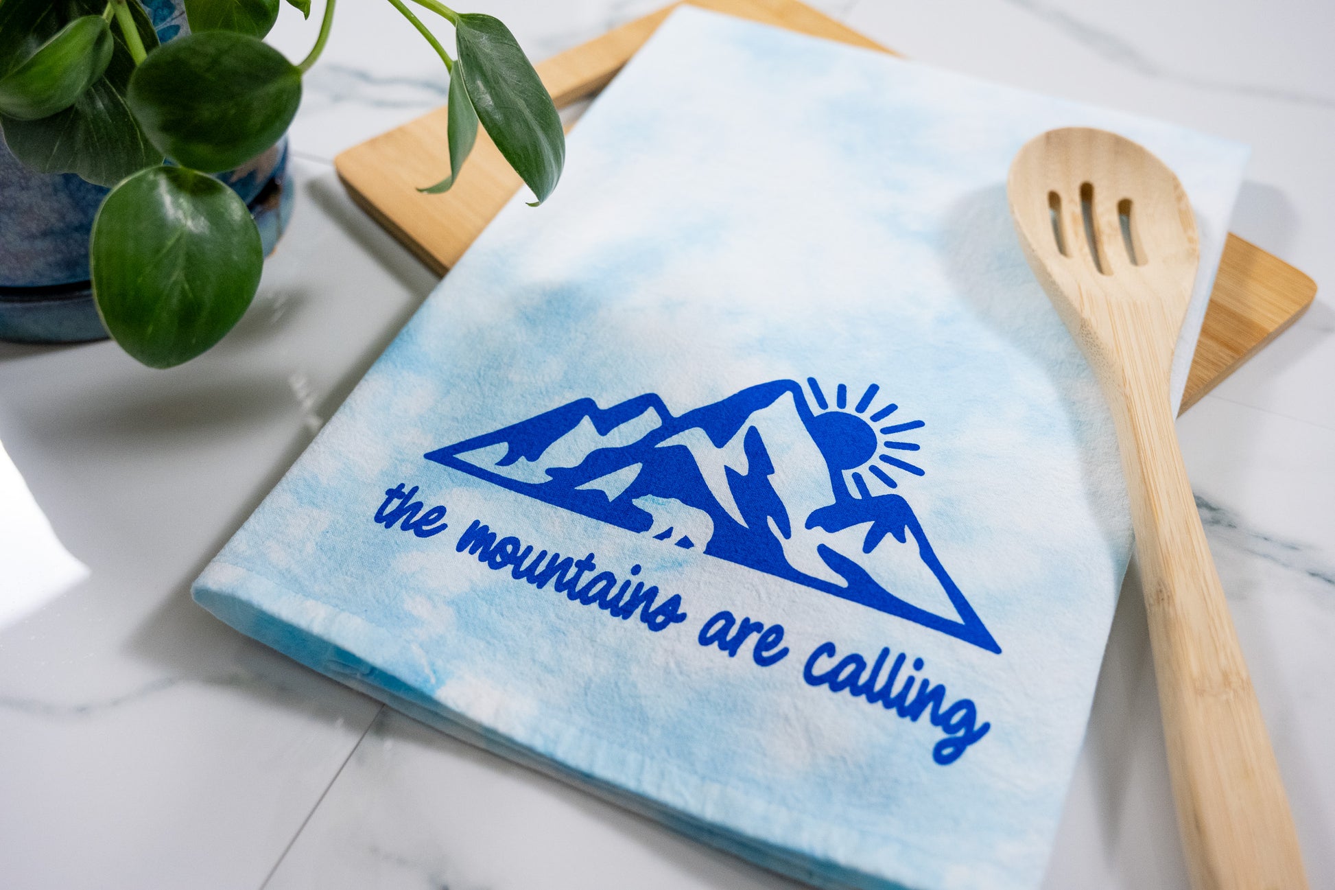 The Mountains Are Calling Blue Tie-Dye Towel with Blue Ink