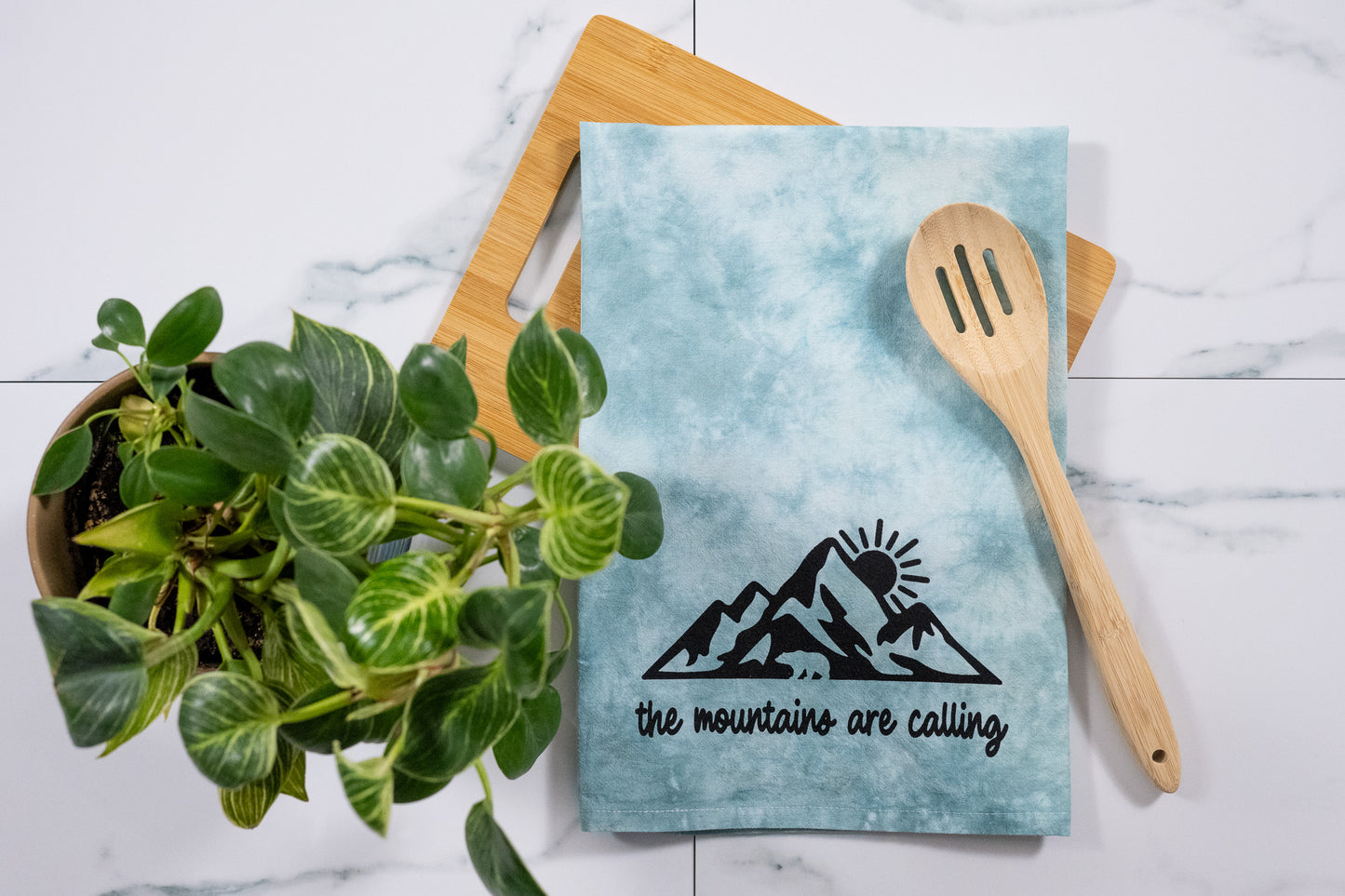 The Mountains Are Calling Green Tie-Dye Towel with Black Ink