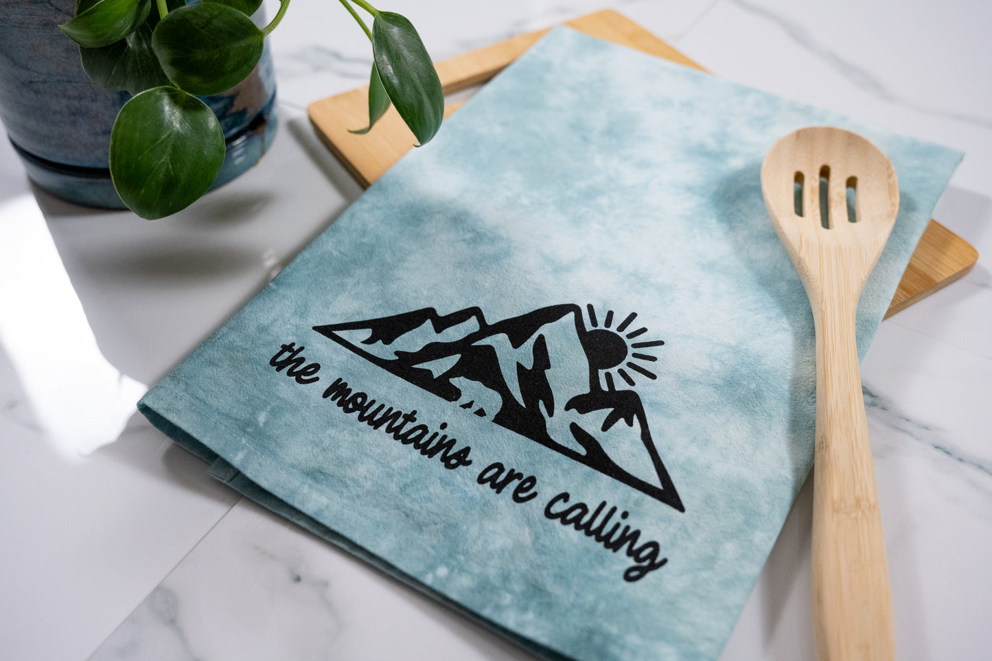 The Mountains Are Calling Green Tie-Dye Towel with Black Ink