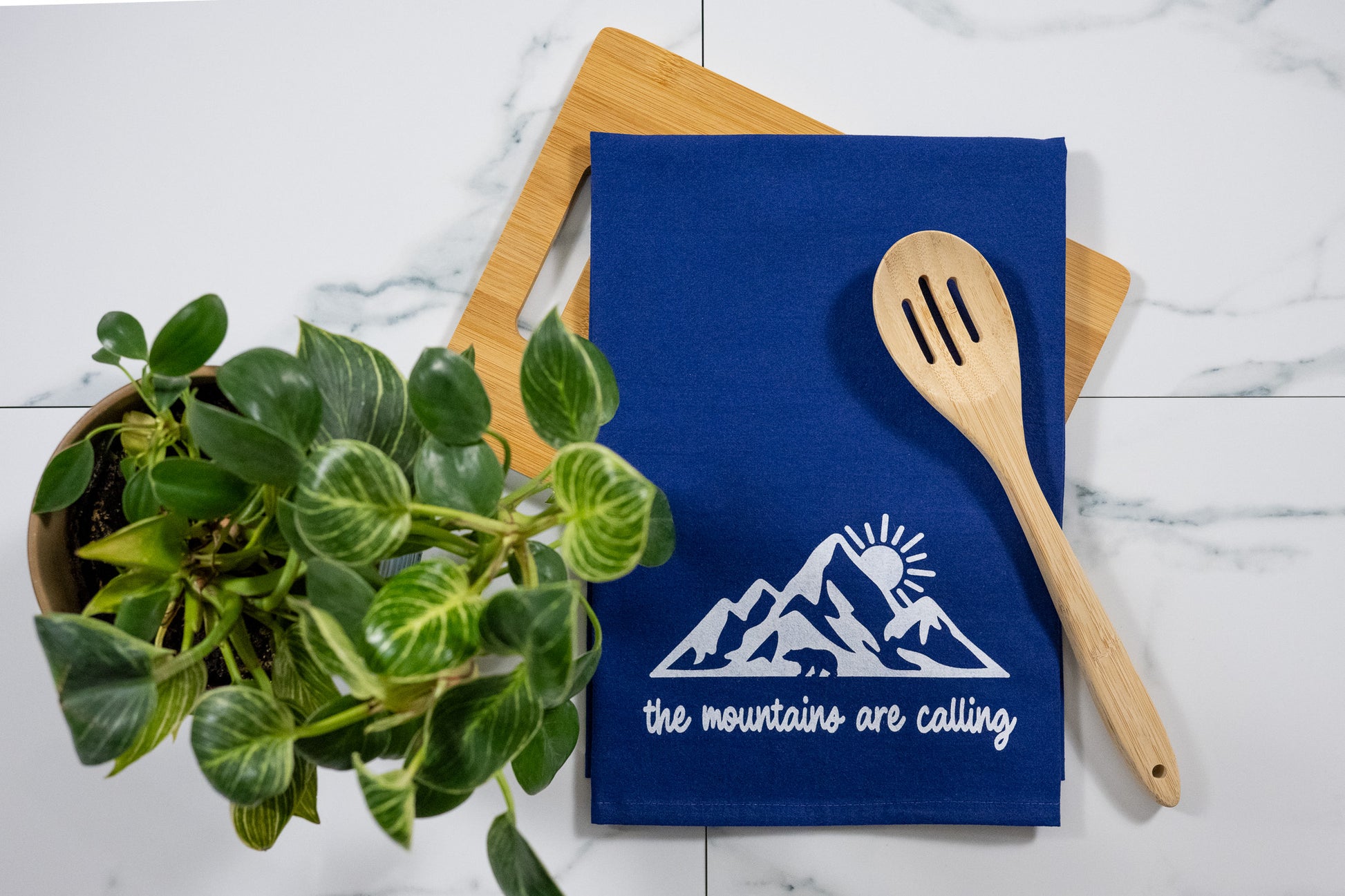 The Mountains Are Calling Blue Tea Towel with White Ink