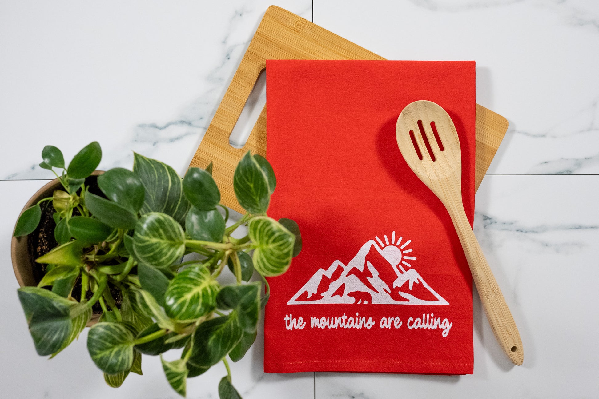 The Mountains Are Calling Red Tea Towel with White Ink