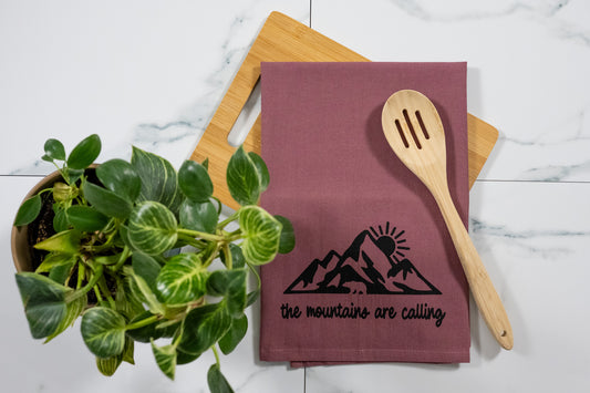 The Mountains Are calling Wine Tea Towel with Black Ink