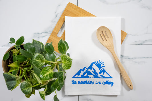 The Mountains Are Calling White Tea Towel with Electric Blue Ink