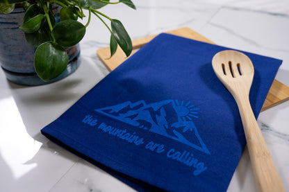 The Mountains Are Calling Blue Tea Towel with Electric Blue Ink