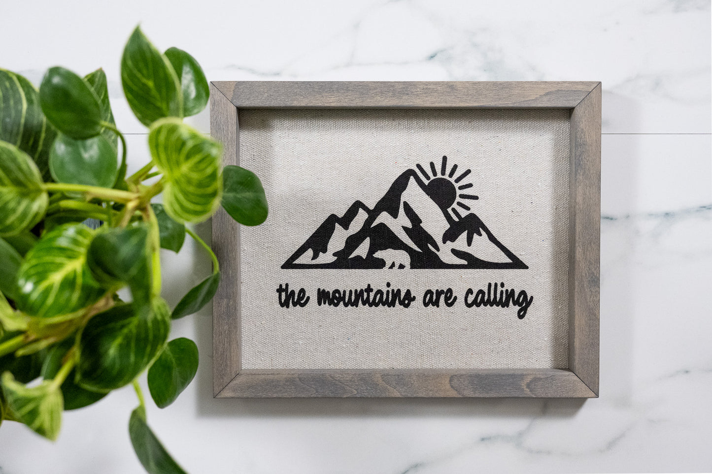 The Mountains Are Calling Reverse Canvas Sign with Weathered Gray Frame