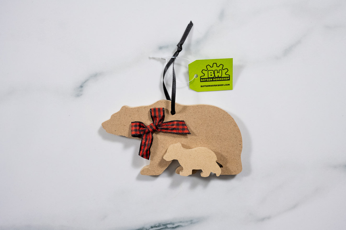 Bear Ornament with Red & Black Plaid Bowtie