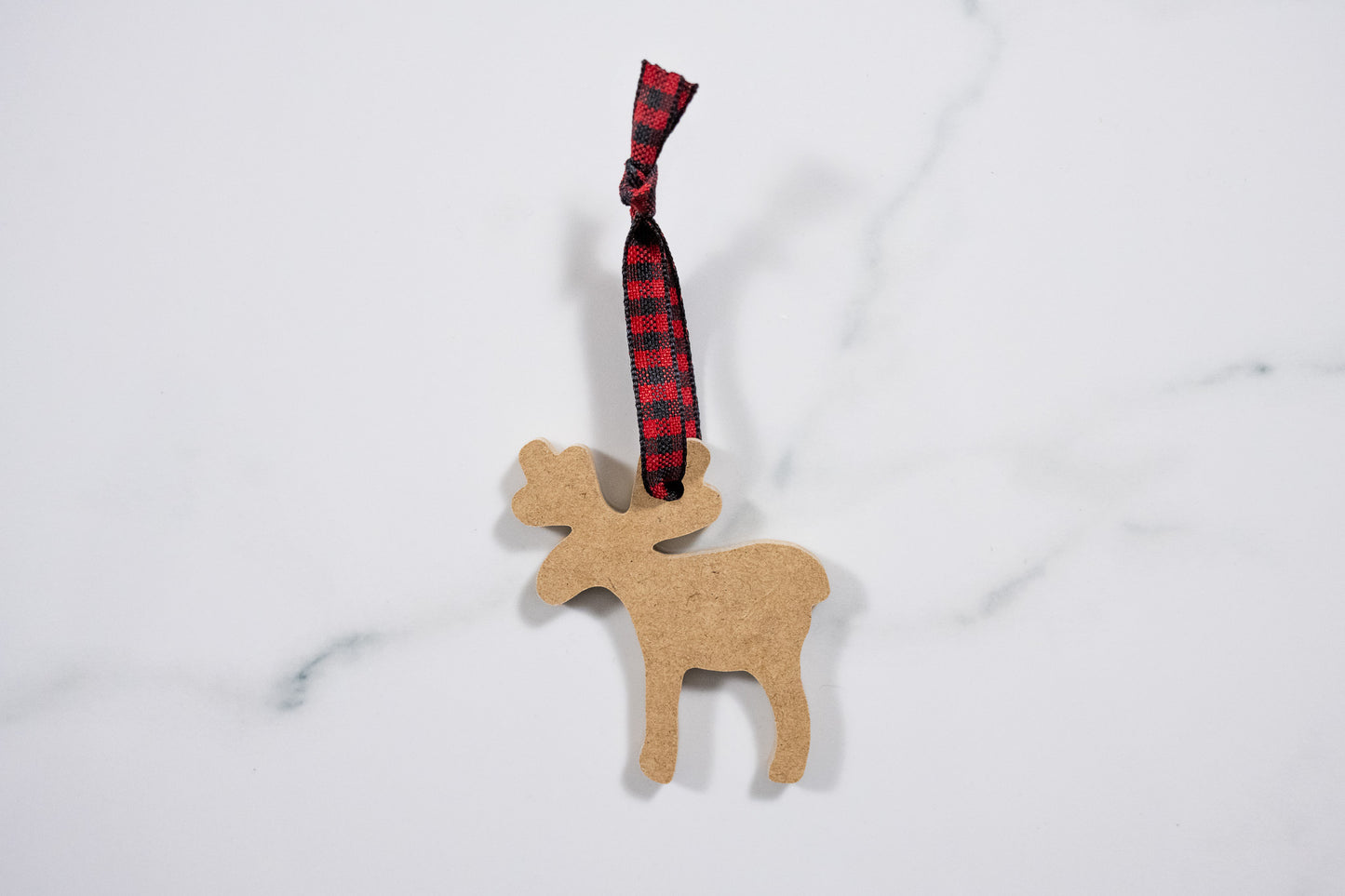 Moose Ornament with Red & Black Plaid Ribbon