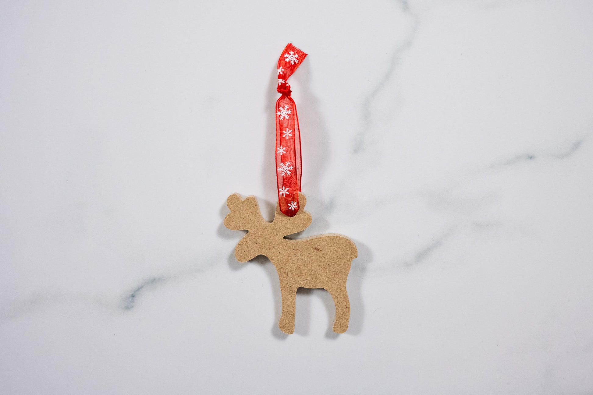 Moose Ornament with Red Snowflake Ribbon