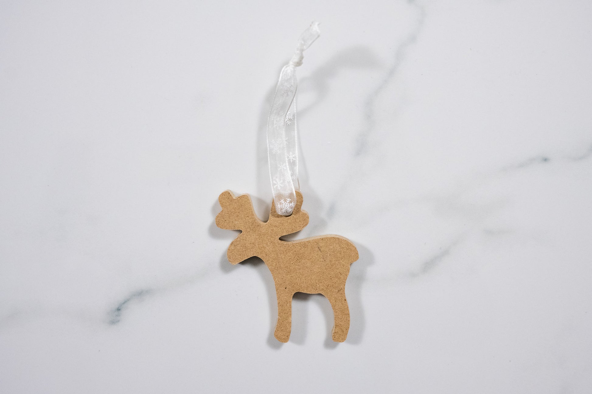 Moose Ornament with White Snowflake Ribbon